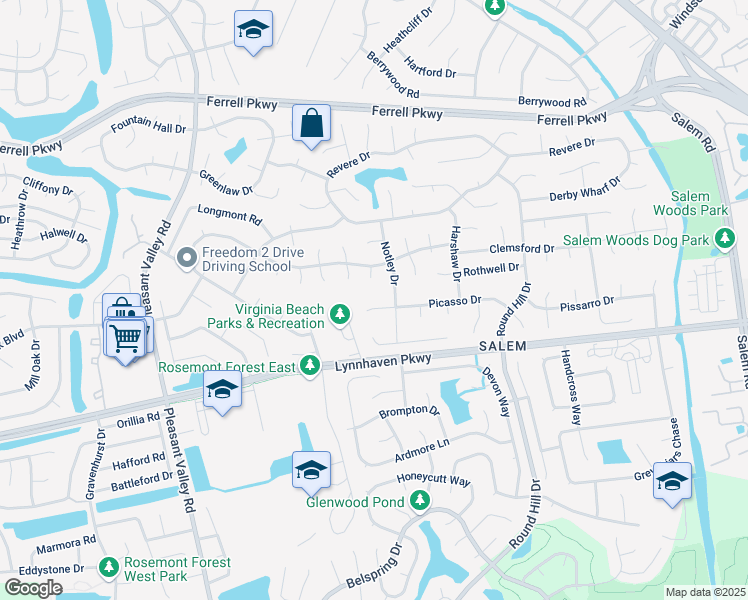 map of restaurants, bars, coffee shops, grocery stores, and more near 1613 Boxford Court in Virginia Beach