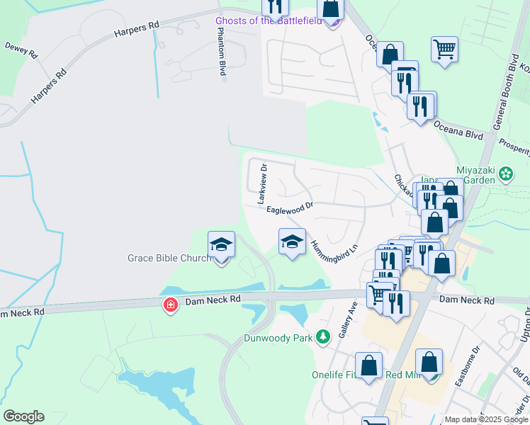 map of restaurants, bars, coffee shops, grocery stores, and more near 1300 Eaglewood Drive in Virginia Beach