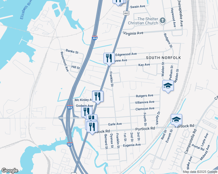map of restaurants, bars, coffee shops, grocery stores, and more near 1201 Rosemont Avenue in Chesapeake