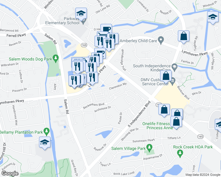 map of restaurants, bars, coffee shops, grocery stores, and more near 4020 Clarendon Way in Virginia Beach