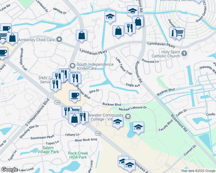 map of restaurants, bars, coffee shops, grocery stores, and more near 1300 Mikie Court in Virginia Beach