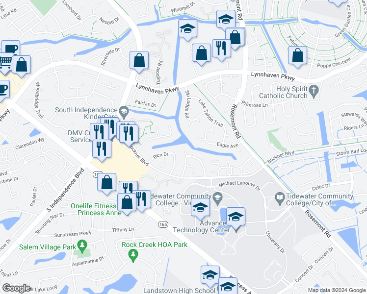 map of restaurants, bars, coffee shops, grocery stores, and more near 1300 Mikie Court in Virginia Beach