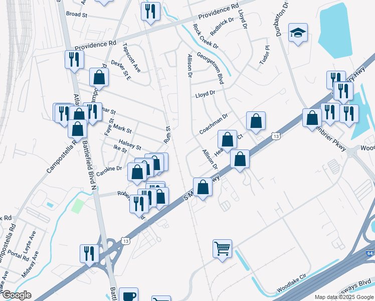 map of restaurants, bars, coffee shops, grocery stores, and more near 2002 Candlelight Drive in Chesapeake