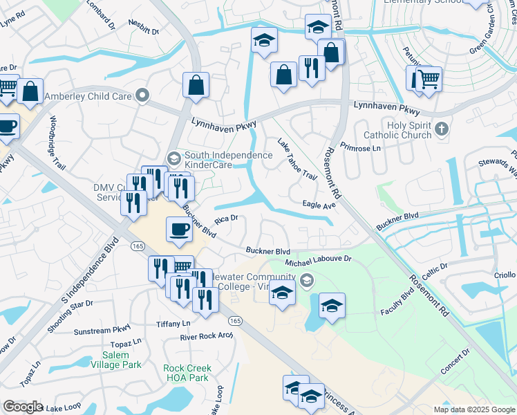 map of restaurants, bars, coffee shops, grocery stores, and more near 1300 Mikie Court in Virginia Beach