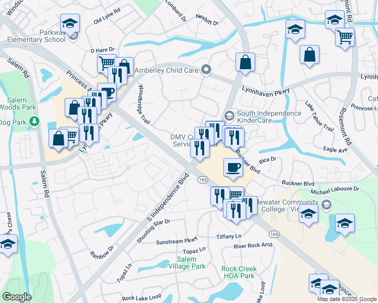 map of restaurants, bars, coffee shops, grocery stores, and more near 1436 Woodbridge Trail in Virginia Beach