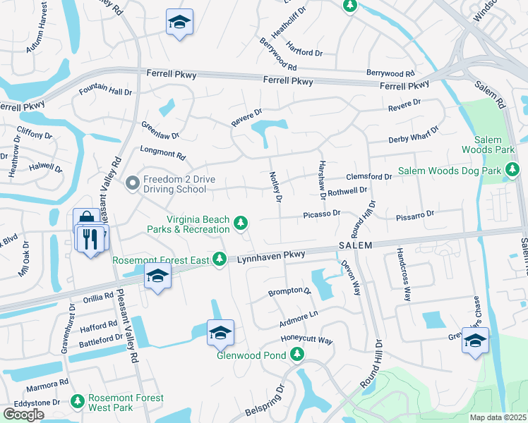 map of restaurants, bars, coffee shops, grocery stores, and more near 1613 Boxford Court in Virginia Beach