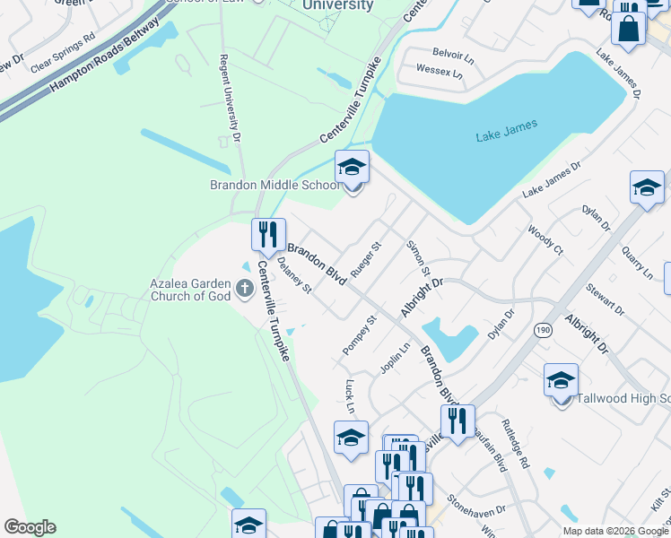 map of restaurants, bars, coffee shops, grocery stores, and more near 1734 Pope Street in Virginia Beach