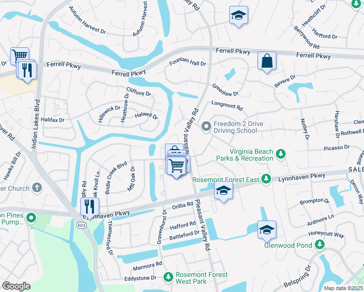 map of restaurants, bars, coffee shops, grocery stores, and more near 1518 Sangaree Circle in Virginia Beach