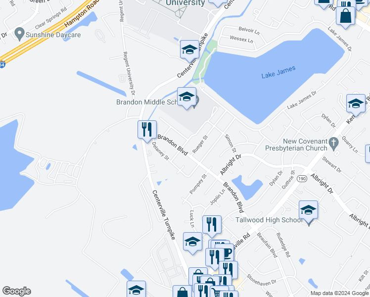 map of restaurants, bars, coffee shops, grocery stores, and more near 5698 Brandon Boulevard in Virginia Beach