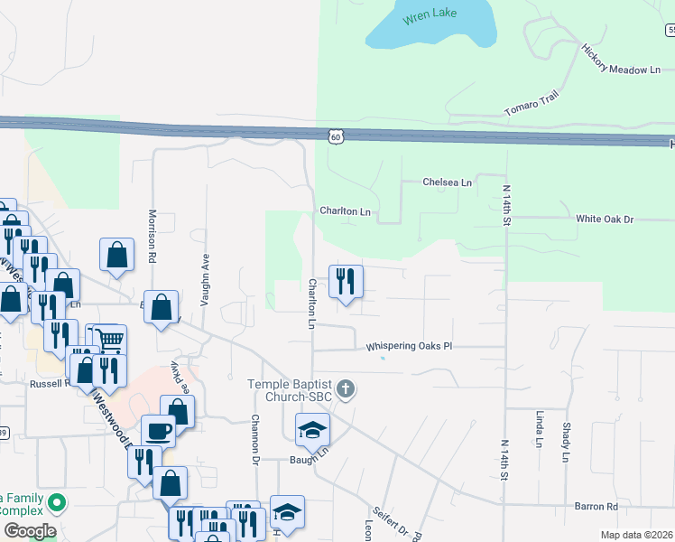 map of restaurants, bars, coffee shops, grocery stores, and more near 2728 Charlton Lane in Poplar Bluff