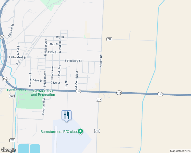 map of restaurants, bars, coffee shops, grocery stores, and more near 108 County Road 717 in Dexter