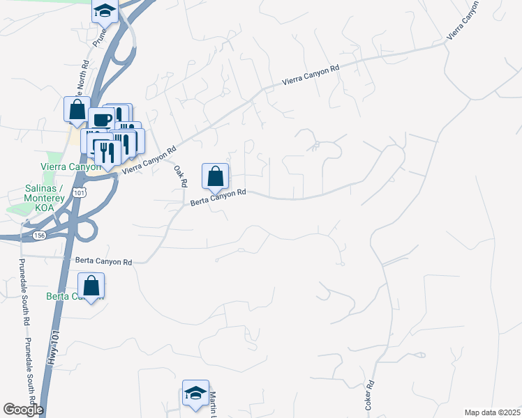 map of restaurants, bars, coffee shops, grocery stores, and more near 17920 Berta Canyon Road in Salinas