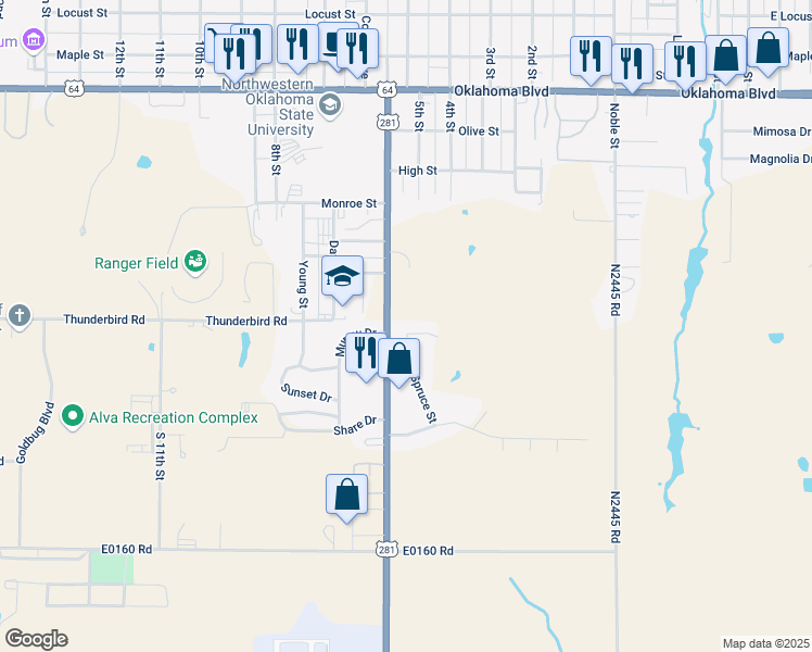 map of restaurants, bars, coffee shops, grocery stores, and more near 526 Spruce Street in Alva