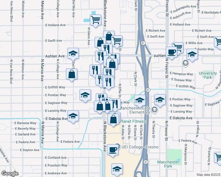 map of restaurants, bars, coffee shops, grocery stores, and more near 3966 North Blackstone Avenue in Fresno