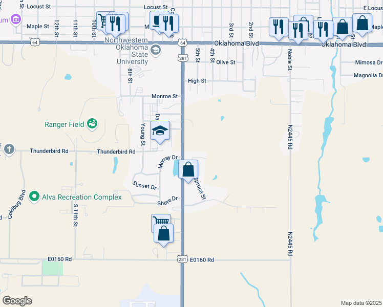 map of restaurants, bars, coffee shops, grocery stores, and more near 526 Spruce Street in Alva