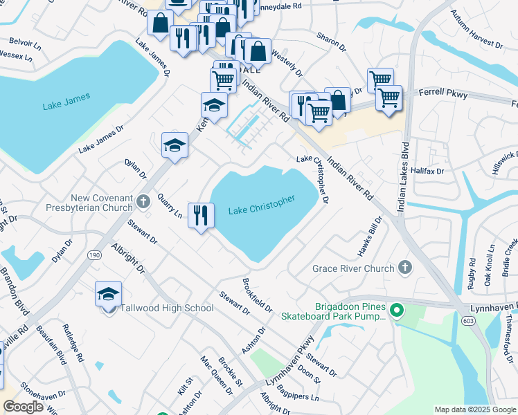 map of restaurants, bars, coffee shops, grocery stores, and more near 1536 Lake Christopher Drive in Virginia Beach