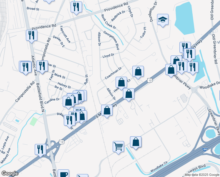map of restaurants, bars, coffee shops, grocery stores, and more near 1728 Hearthside Court in Chesapeake