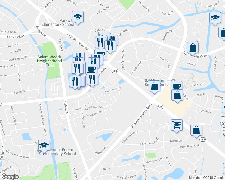 map of restaurants, bars, coffee shops, grocery stores, and more near Clarendon Way in Virginia Beach
