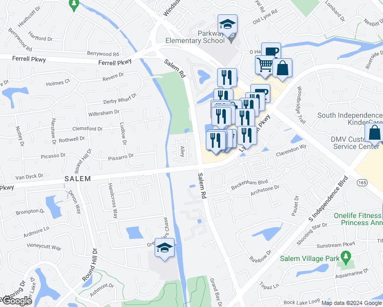 map of restaurants, bars, coffee shops, grocery stores, and more near 4304 Sonoma Court in Virginia Beach