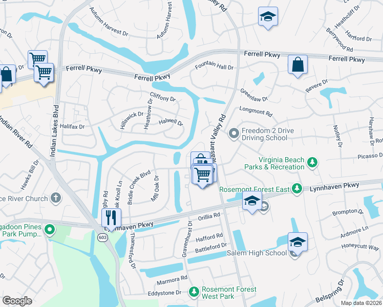 map of restaurants, bars, coffee shops, grocery stores, and more near 1428 Sangaree Circle in Virginia Beach