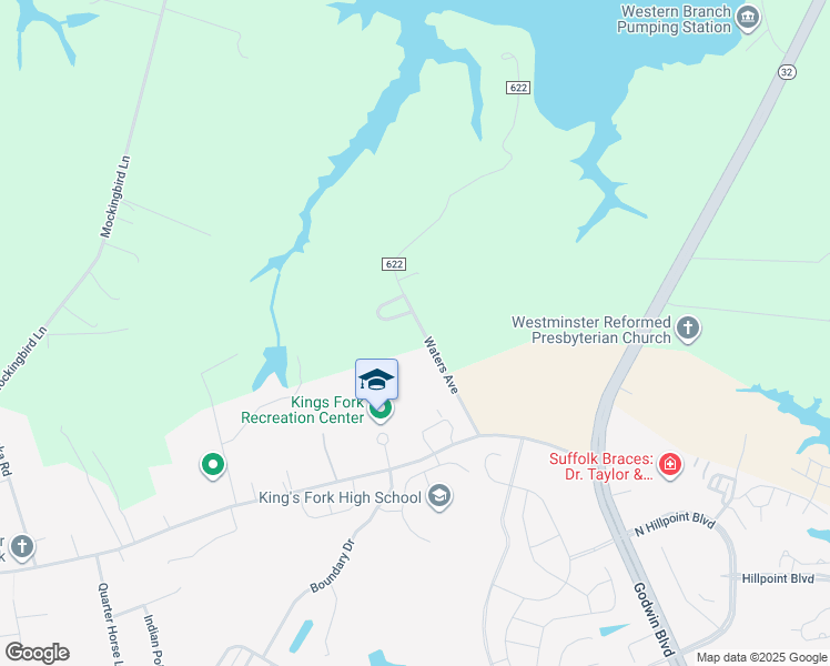 map of restaurants, bars, coffee shops, grocery stores, and more near 3409 Waters Avenue in Suffolk