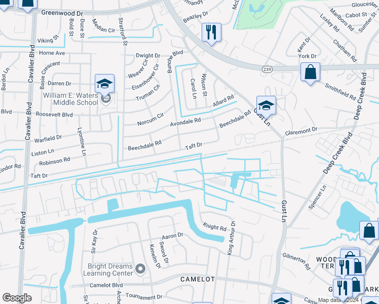 map of restaurants, bars, coffee shops, grocery stores, and more near 325 Taft Drive in Portsmouth