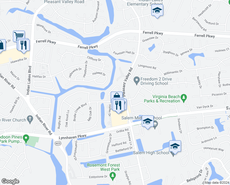 map of restaurants, bars, coffee shops, grocery stores, and more near 1541 Sangaree Circle in Virginia Beach