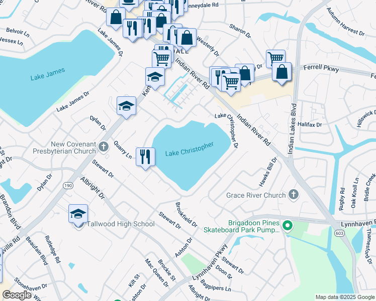 map of restaurants, bars, coffee shops, grocery stores, and more near 1536 Lake Christopher Drive in Virginia Beach