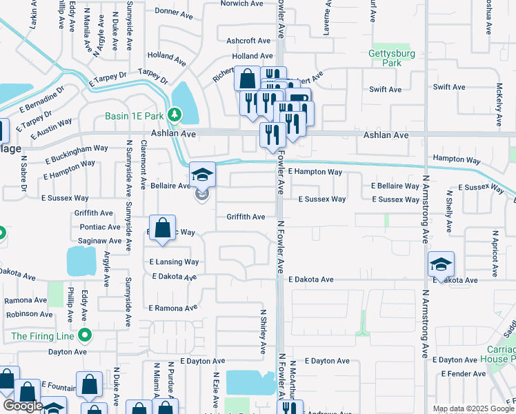 map of restaurants, bars, coffee shops, grocery stores, and more near 1749 Sussex Avenue in Clovis