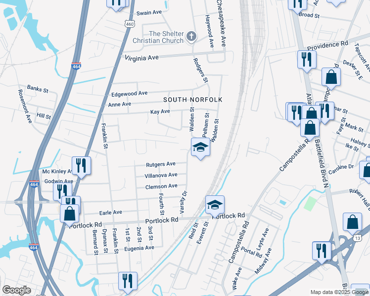 map of restaurants, bars, coffee shops, grocery stores, and more near 404 Varsity Court in Chesapeake