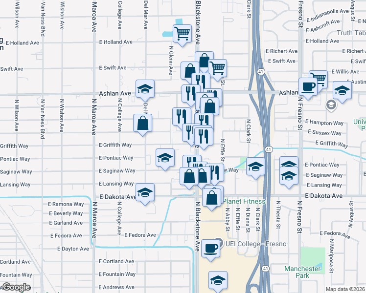 map of restaurants, bars, coffee shops, grocery stores, and more near 1606 East Griffith Way in Fresno