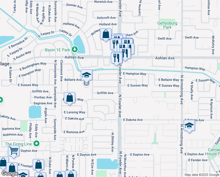 map of restaurants, bars, coffee shops, grocery stores, and more near 1749 Sussex Avenue in Clovis