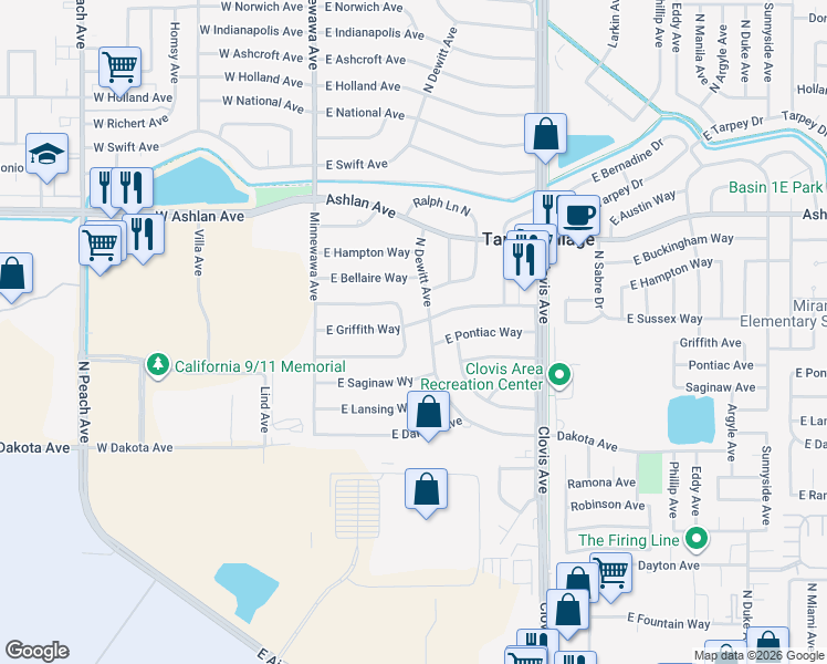 map of restaurants, bars, coffee shops, grocery stores, and more near 5465 East Griffith Way in Fresno