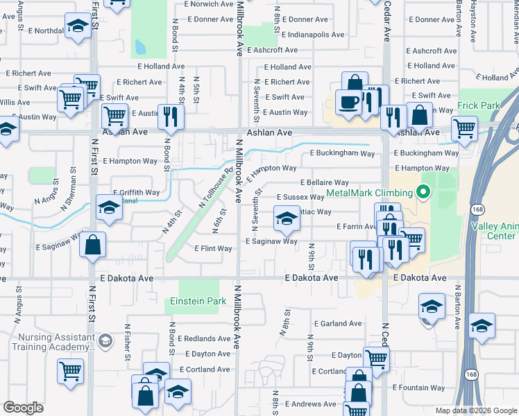 map of restaurants, bars, coffee shops, grocery stores, and more near 3782 East Sussex Way in Fresno