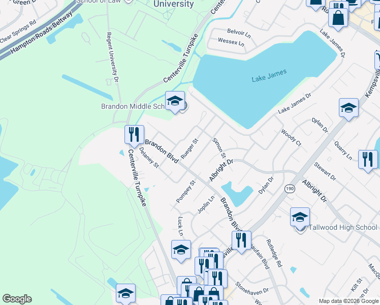 map of restaurants, bars, coffee shops, grocery stores, and more near 1721 Delaney Street in Virginia Beach