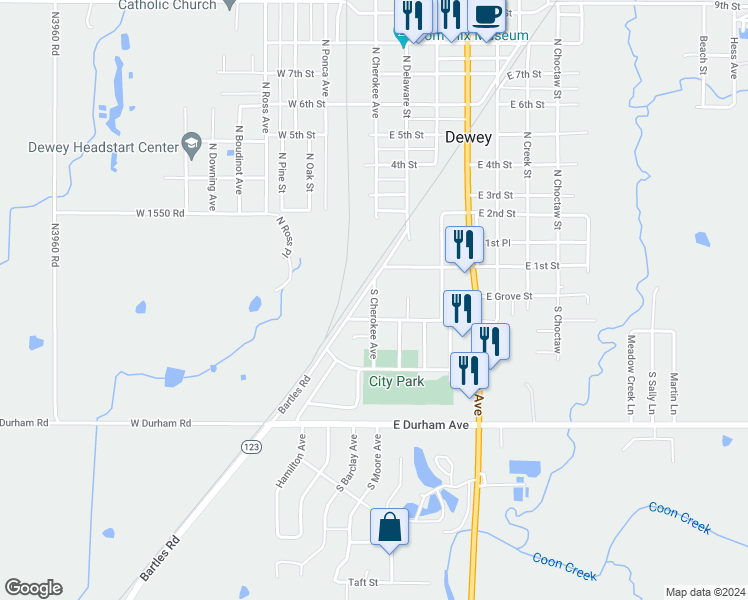 map of restaurants, bars, coffee shops, grocery stores, and more near 121 South Cherokee Avenue in Dewey