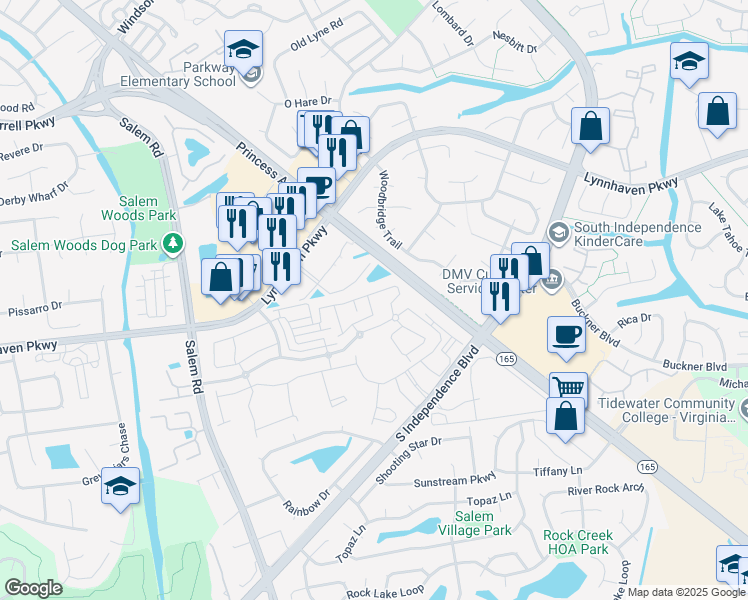 map of restaurants, bars, coffee shops, grocery stores, and more near 1604 Halesworth Lane in Virginia Beach