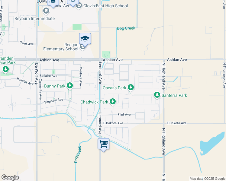 map of restaurants, bars, coffee shops, grocery stores, and more near 3874 Sussex Avenue in Clovis
