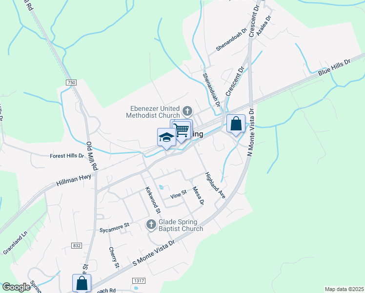 map of restaurants, bars, coffee shops, grocery stores, and more near 135 Town Square Street in Glade Spring