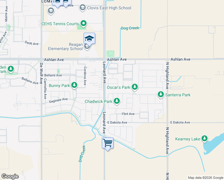 map of restaurants, bars, coffee shops, grocery stores, and more near 3834 Sussex Avenue in Clovis