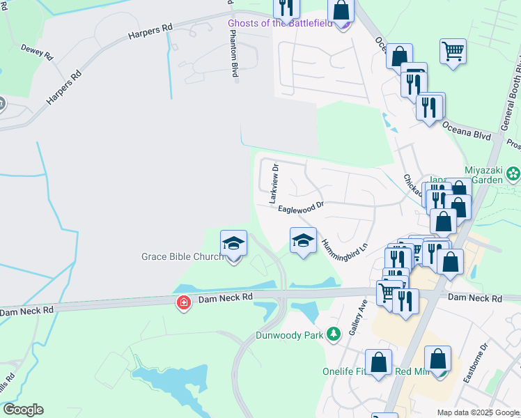 map of restaurants, bars, coffee shops, grocery stores, and more near 1300 Eaglewood Drive in Virginia Beach