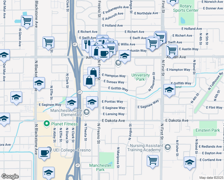 map of restaurants, bars, coffee shops, grocery stores, and more near 2632 East Griffith Way in Fresno