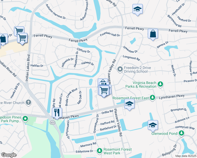 map of restaurants, bars, coffee shops, grocery stores, and more near 1430 Sangaree Circle in Virginia Beach
