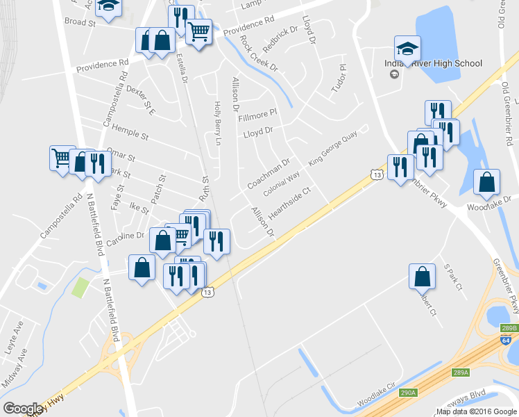 map of restaurants, bars, coffee shops, grocery stores, and more near 2039 Allison Drive in Chesapeake