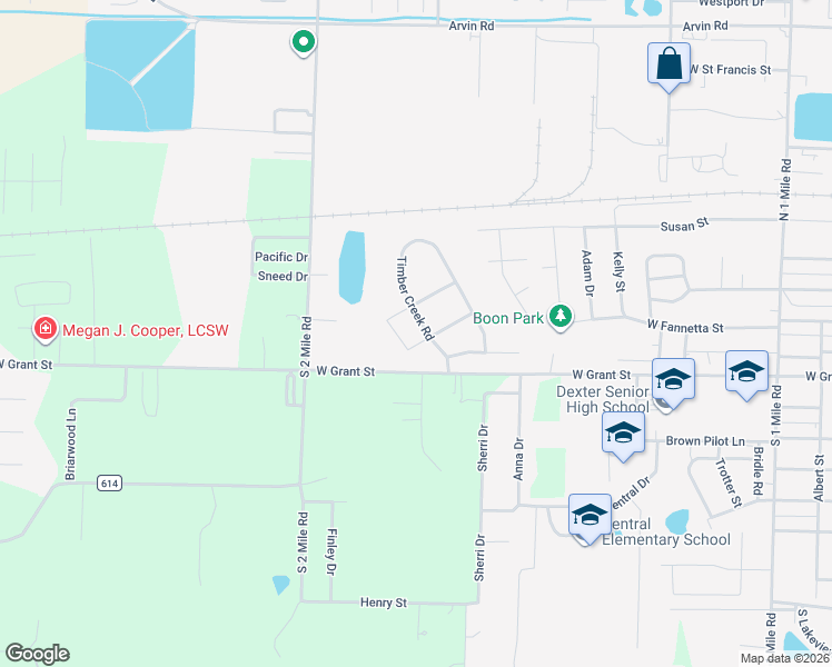 map of restaurants, bars, coffee shops, grocery stores, and more near 1602 Ganton Drive in Dexter
