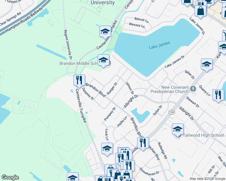 map of restaurants, bars, coffee shops, grocery stores, and more near 1721 Delaney Street in Virginia Beach