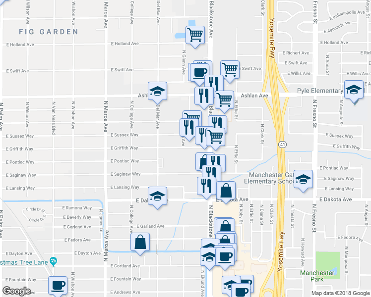 map of restaurants, bars, coffee shops, grocery stores, and more near 1470 East Griffith Way in Fresno