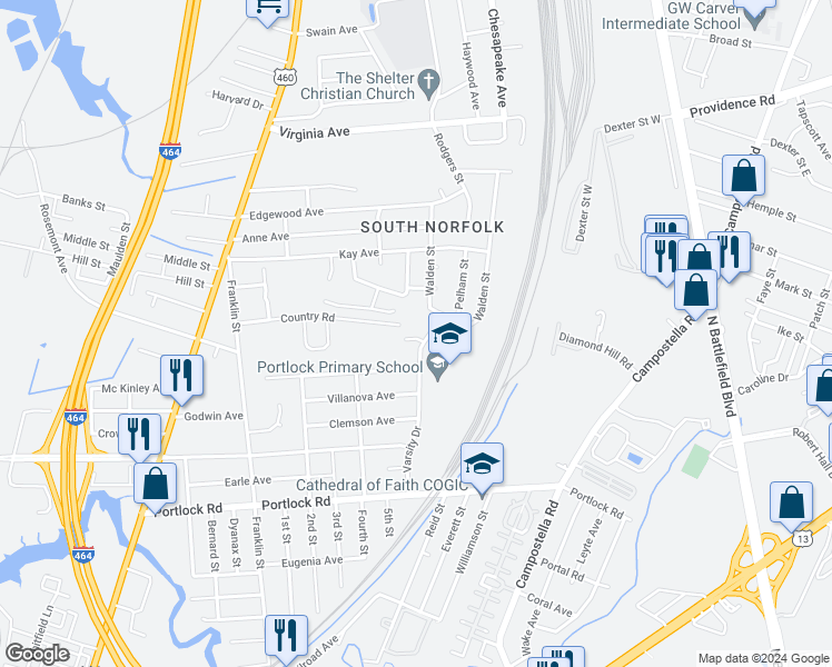 map of restaurants, bars, coffee shops, grocery stores, and more near 404 Varsity Court in Chesapeake