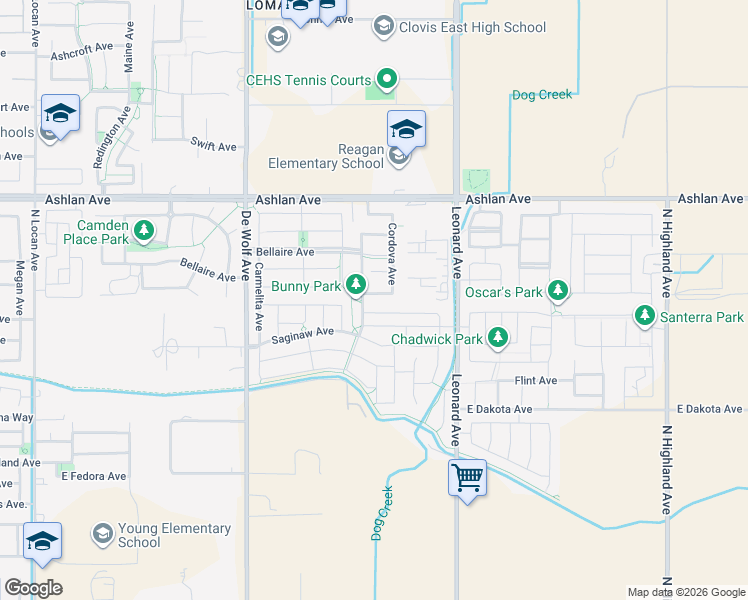 map of restaurants, bars, coffee shops, grocery stores, and more near 3658 Sussex Avenue in Clovis