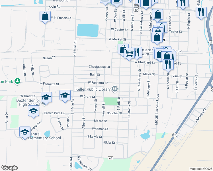 map of restaurants, bars, coffee shops, grocery stores, and more near 301 Rannell Street in Dexter